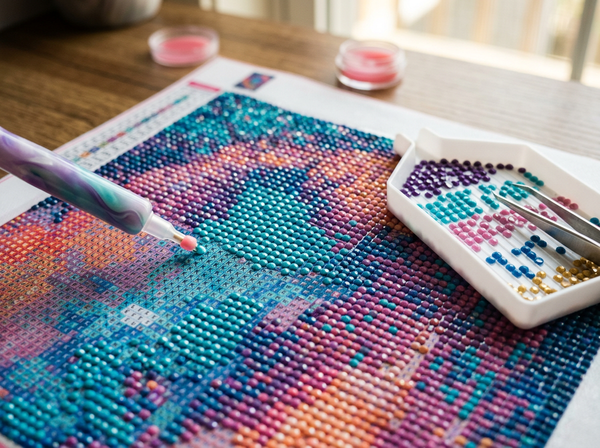 Diamond Painting in Arbeit auf Leinwand